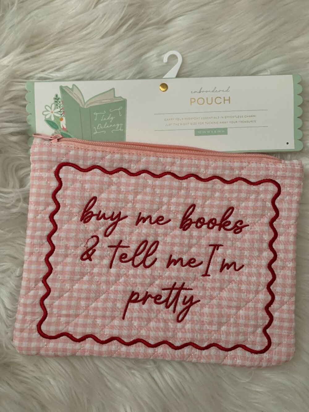LADY DELANEY Gingham Embroidered Pouch in Pink/Red